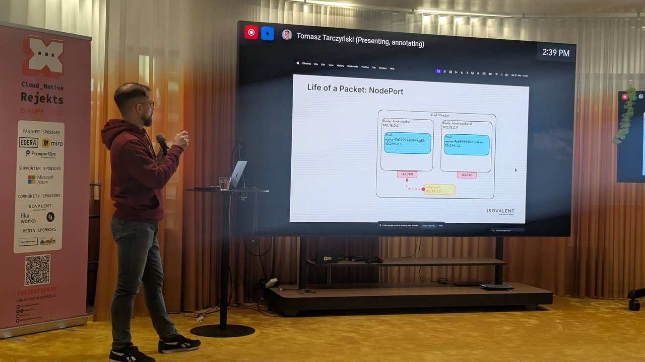 Tomasz Tarczyński presenting a "Life of a Packet: NodePort" diagram on a large screen in Room 2 at Cloud Native Rejekts 2026
