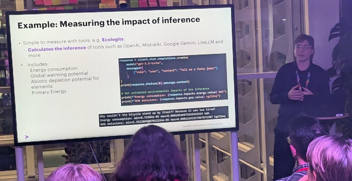 Accenture slide "Example: Measuring the impact of inference" showing EcoLogits code that prints energy and GHG emissions for a gpt-3.5-turbo request