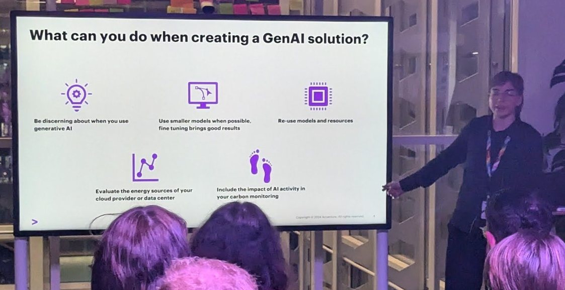 Accenture slide "What can you do when creating a GenAI solution?" with five recommendations, and the speaker pointing at it