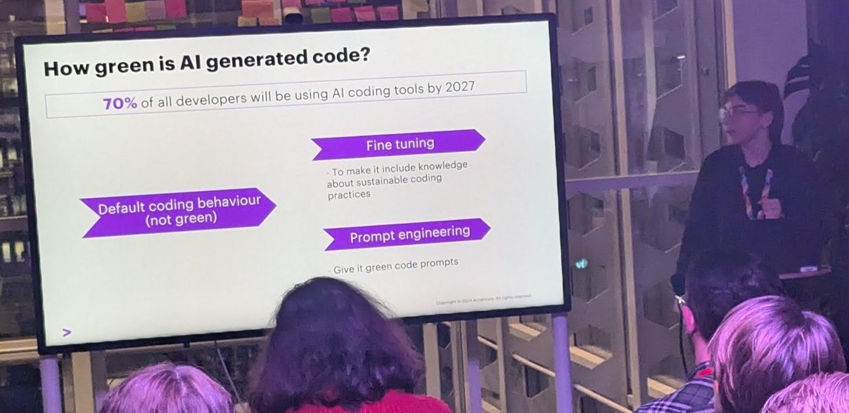 Accenture slide "How green is AI generated code?" contrasting default coding behaviour with fine-tuning and prompt engineering