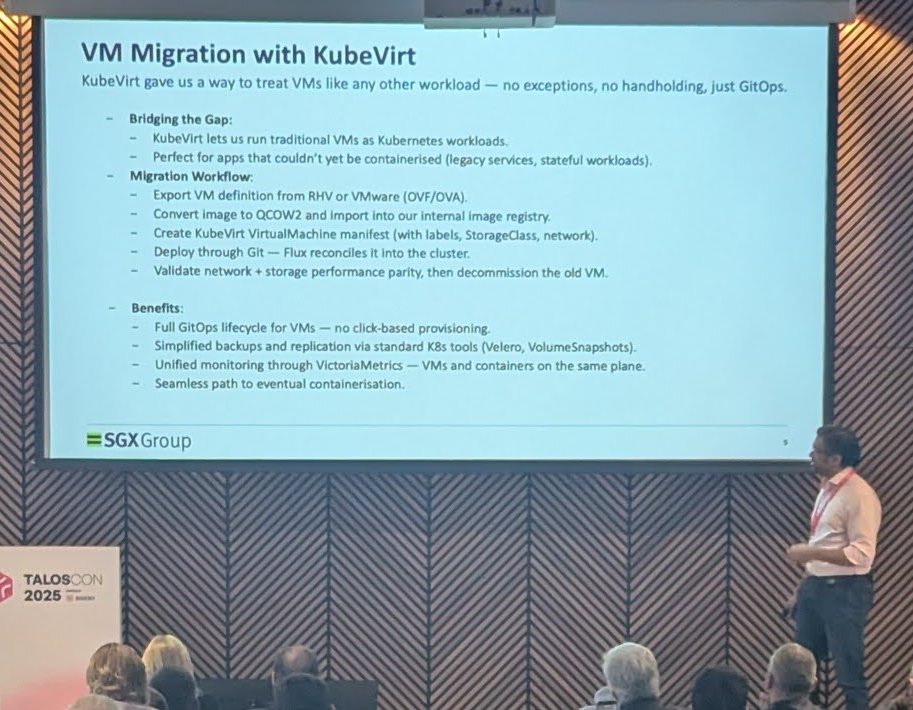 SGX Group slide VM Migration with KubeVirt listing the migration workflow from RHV or VMware export to QCOW2 import, KubeVirt VirtualMachine manifests and Flux reconciliation, with the speaker beside the screen
