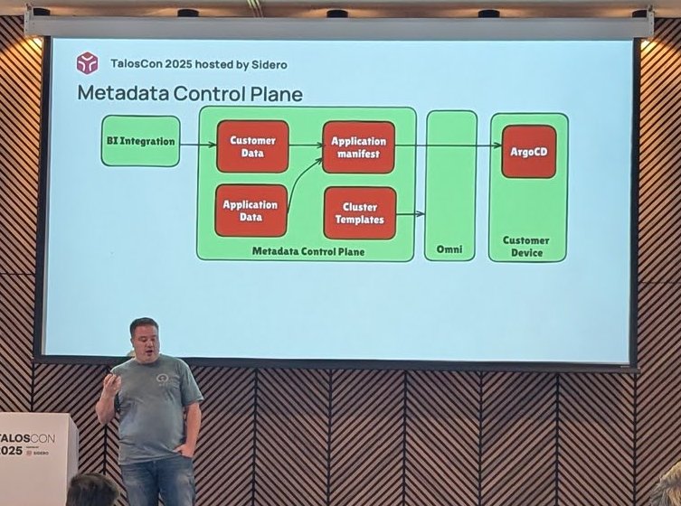 Metadata Control Plane slide showing BI integration, customer data, application data and cluster templates flowing through Omni to Argo CD on the customer device