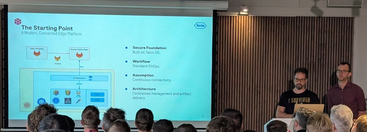 Roche edge platform slide The Starting Point, A Modern Connected Edge Platform, listing secure foundation built on Talos OS, standard GitOps, continuous connectivity and centralised artifact delivery