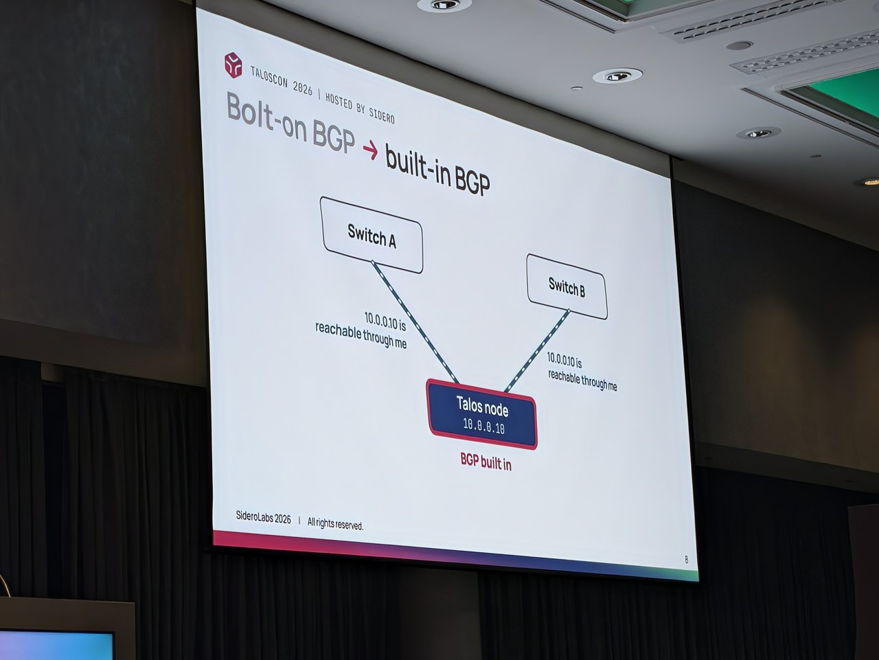 Bolt-on BGP becomes built-in BGP: a Talos node announcing itself to two switches