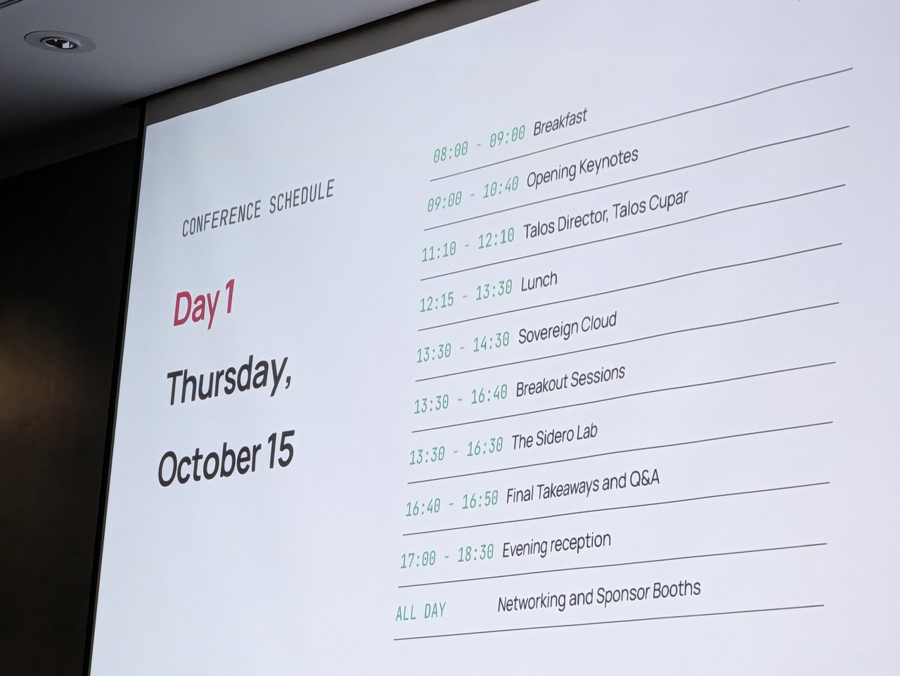 The Day 1 conference schedule slide
