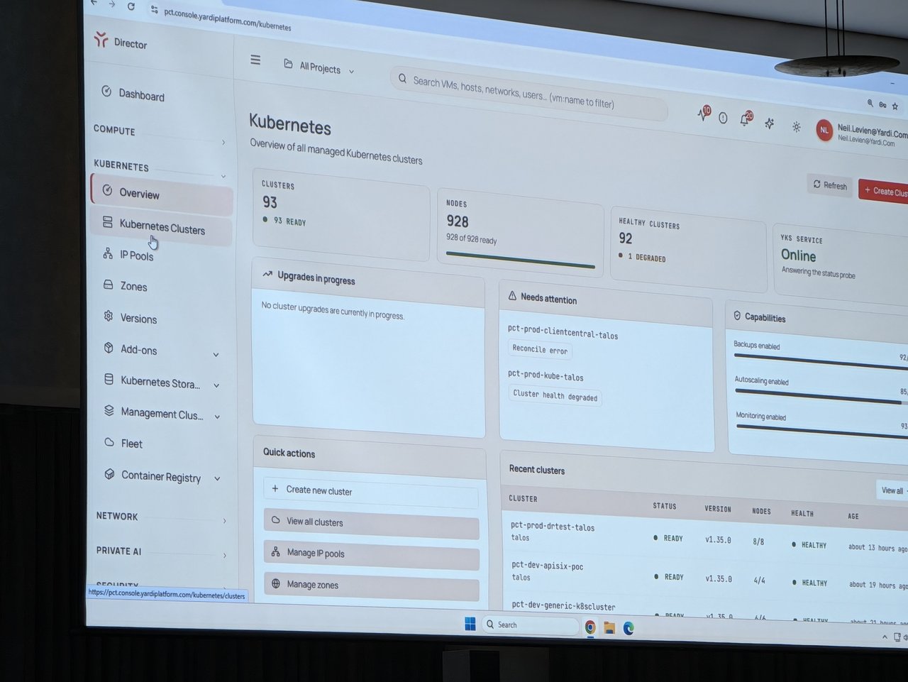 Talos Director Kubernetes overview: 93 clusters, 928 nodes, 92 healthy