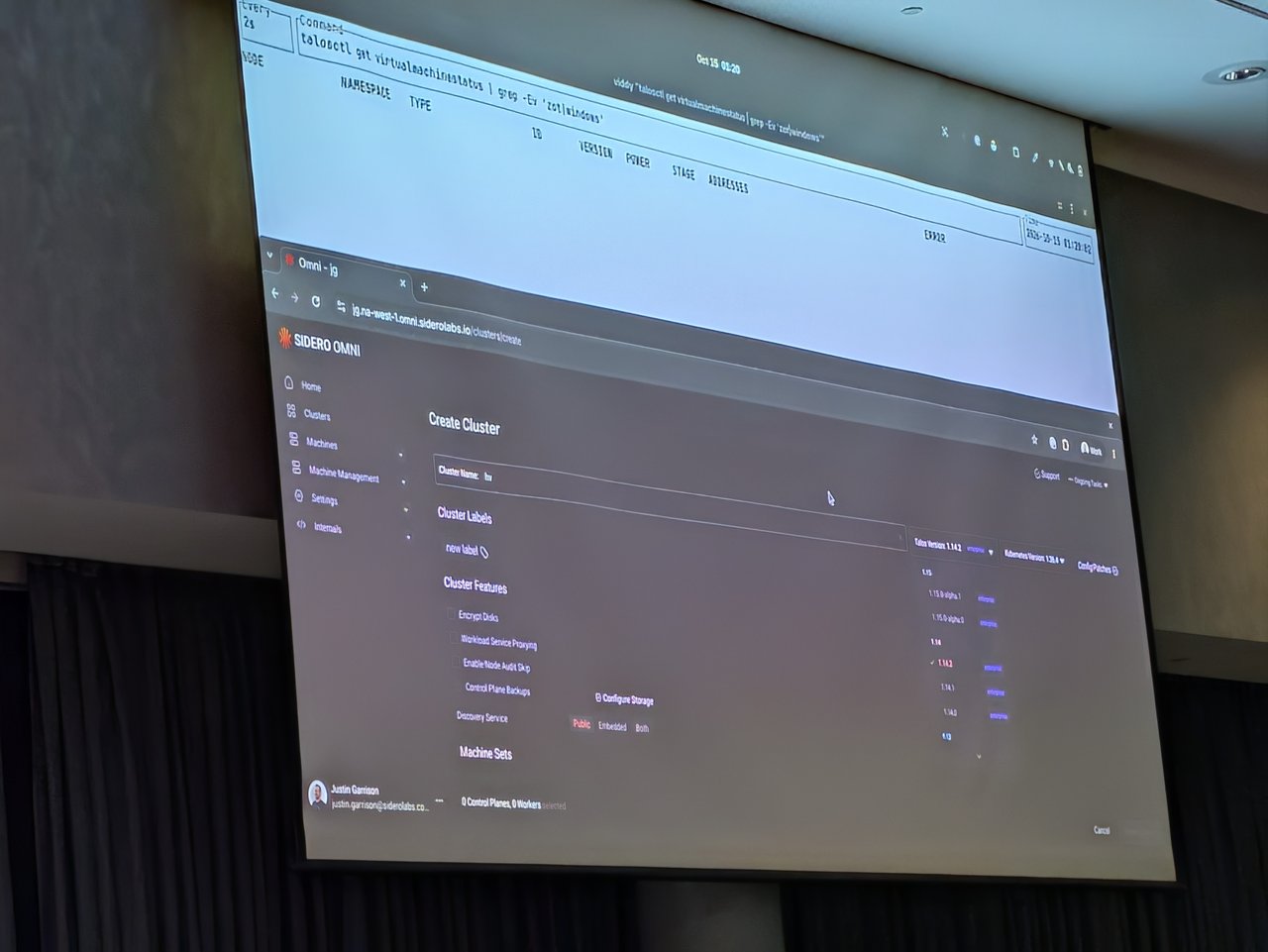 Creating a cluster in Omni while watching virtualmachinestatus from talosctl