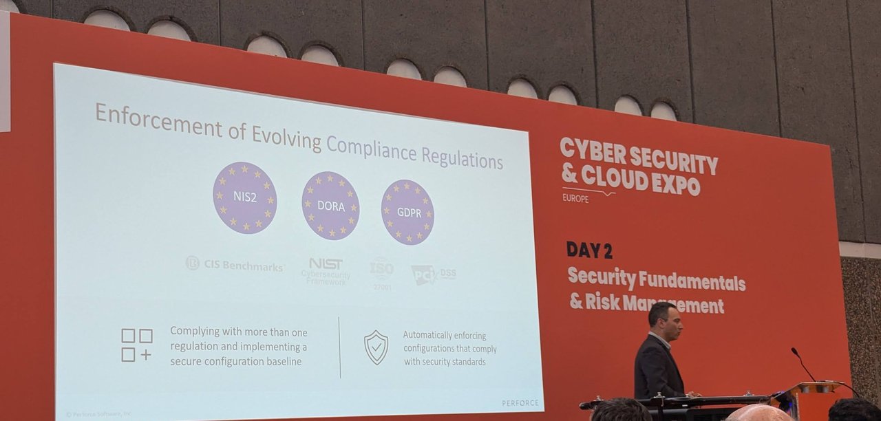 Slide: Enforcement of Evolving Compliance Regulations, with NIS2, DORA and GDPR badges and CIS, NIST, ISO 27001 and PCI DSS logos