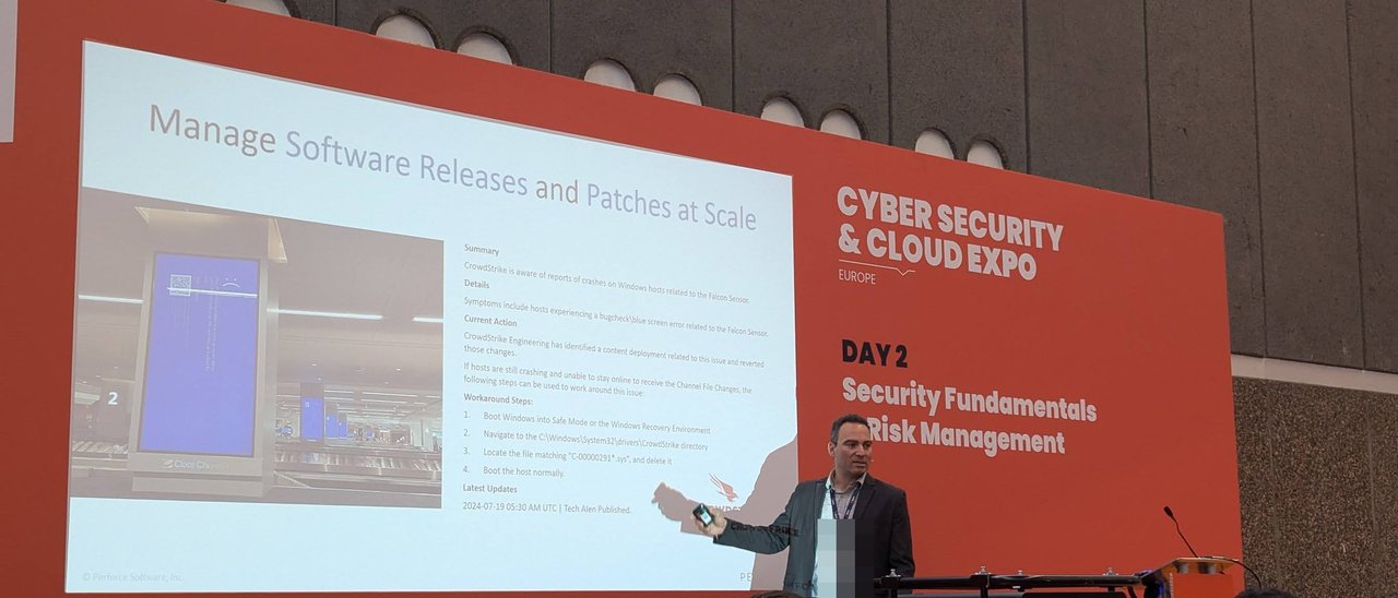 Slide: Manage Software Releases and Patches at Scale, with an airport display showing a blue screen and the CrowdStrike tech alert workaround steps