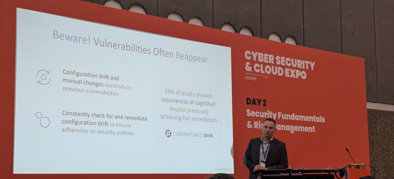 Slide: Beware! Vulnerabilities Often Reappear, saying configuration drift reintroduces vulnerabilities and 29% of assets showed recurrences of Log4Shell
