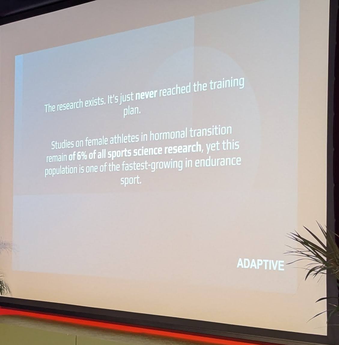 Adaptive pitch slide stating that the research exists but has never reached the training plan, with studies on female athletes in hormonal transition at 6% of sports science research