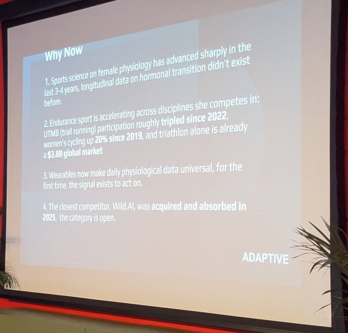 Adaptive "Why Now" pitch slide listing four reasons: new sports science, growing endurance sport participation, wearables, and the closest competitor having been acquired