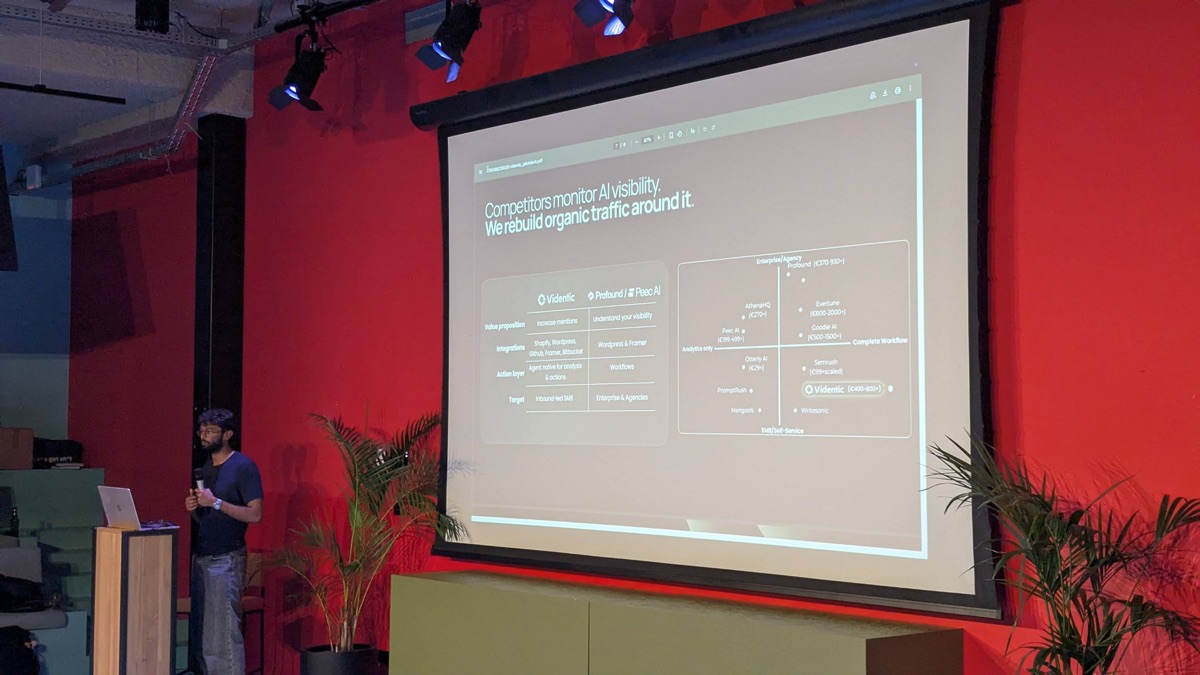 Founder pitching Videntic, an AI visibility and organic traffic tool, at Tech Makers Amsterdam