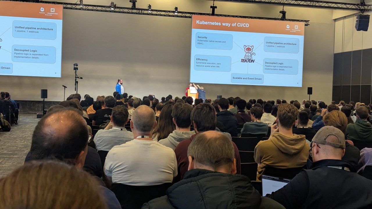 A KubeCon Europe 2026 session slide titled Kubernetes way of CI/CD, with the Tekton logo in the middle of Security, Efficiency, Unified pipeline architecture (1 pipeline, 1 webhook), Decoupled Logic and Scalable and Event Driven