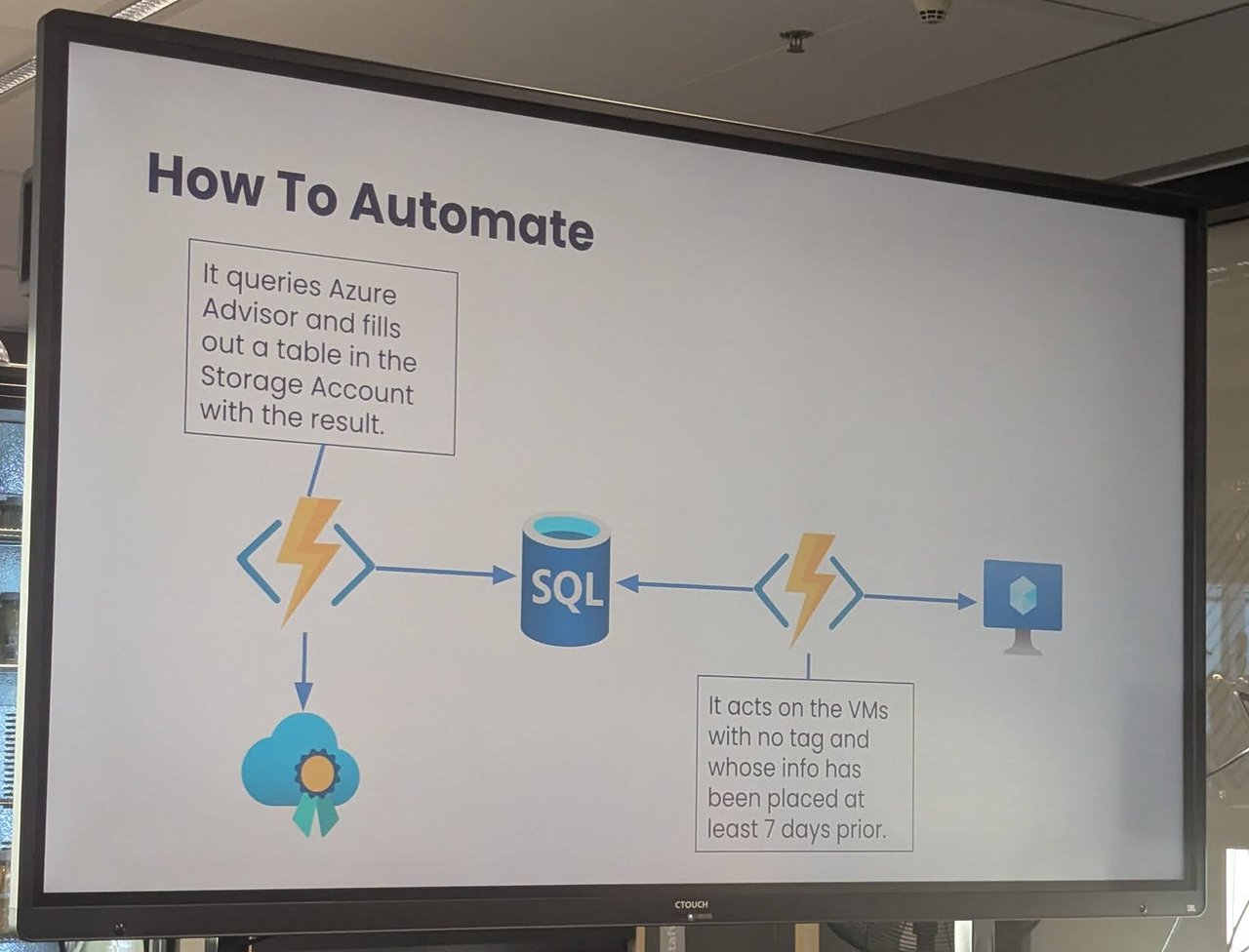 Slide titled How To Automate, with a function that queries Azure Advisor and fills a table, and a second function that acts on VMs with no tag whose info is at least 7 days old