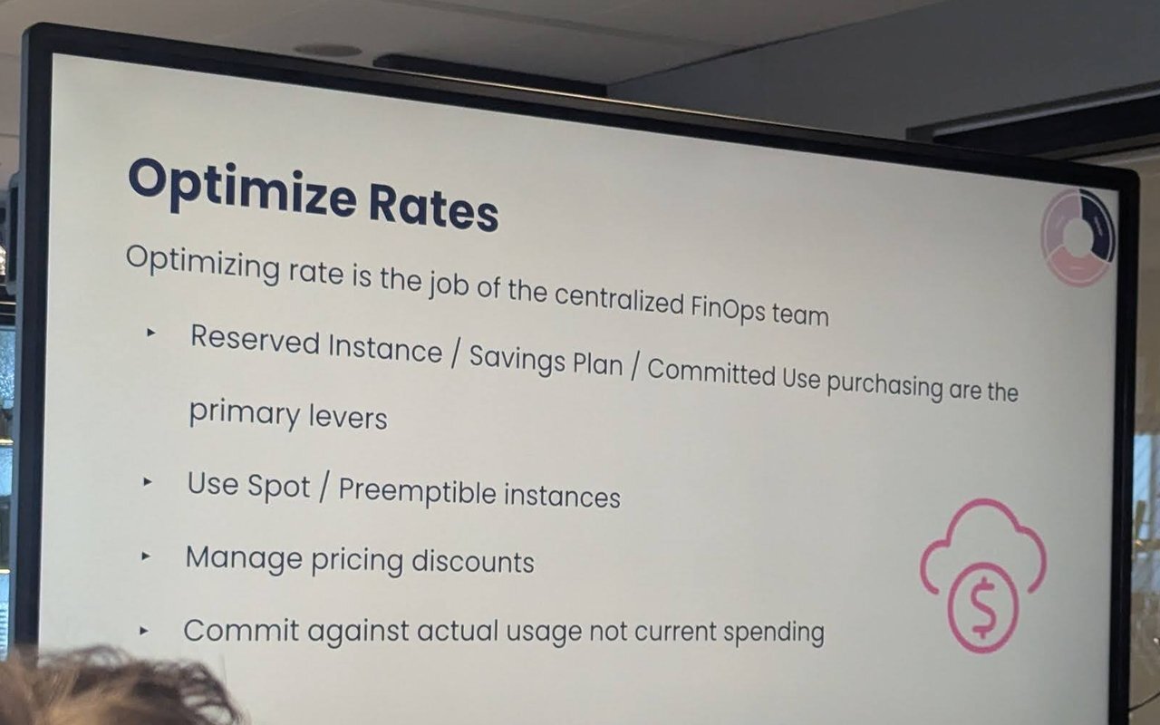 Slide titled Optimize Rates: reserved instances, savings plans and committed use purchasing are the primary levers, plus spot instances, pricing discounts and committing against actual usage