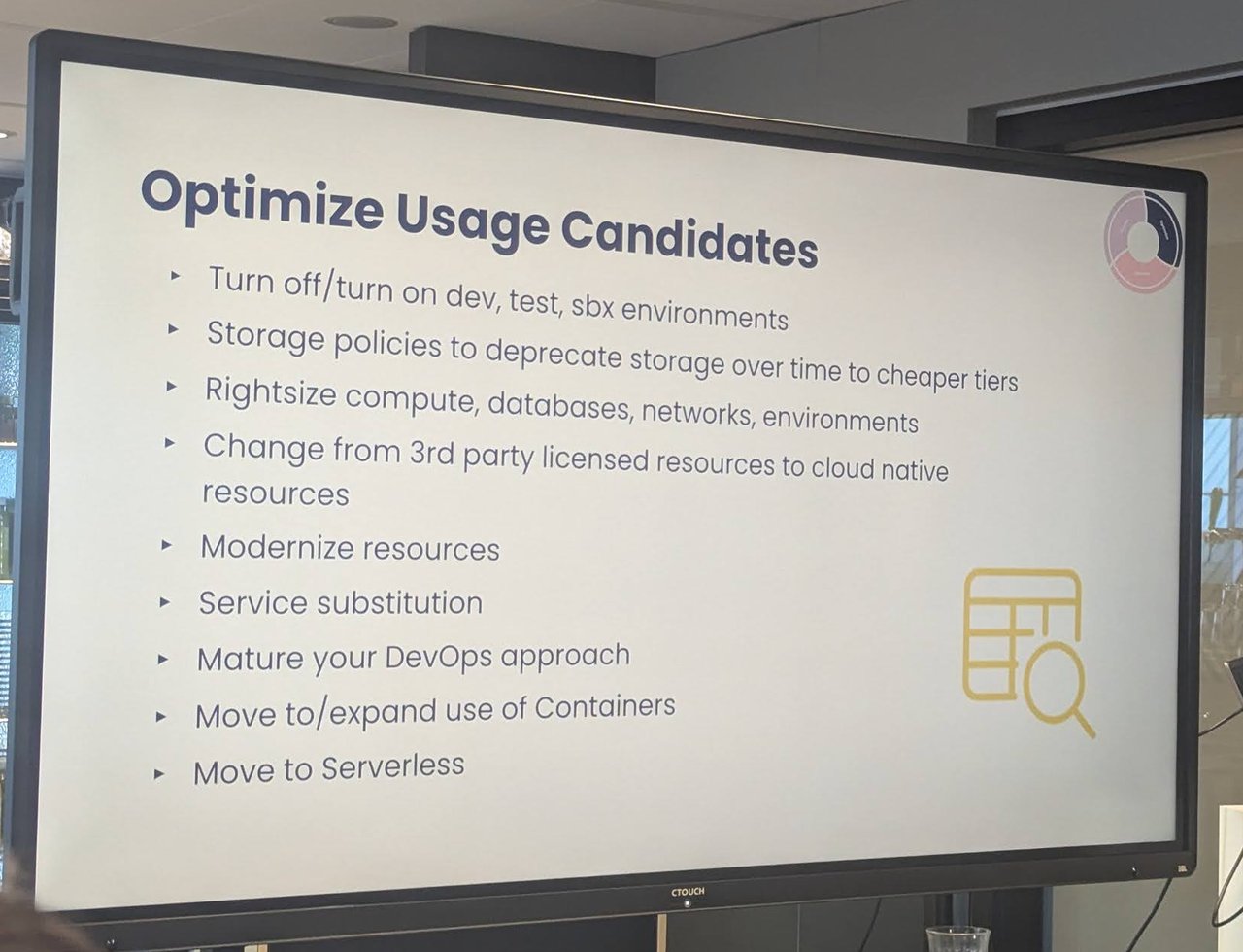 Slide titled Optimize Usage Candidates, listing turning environments off, storage tiering, rightsizing, modernising, containers and serverless