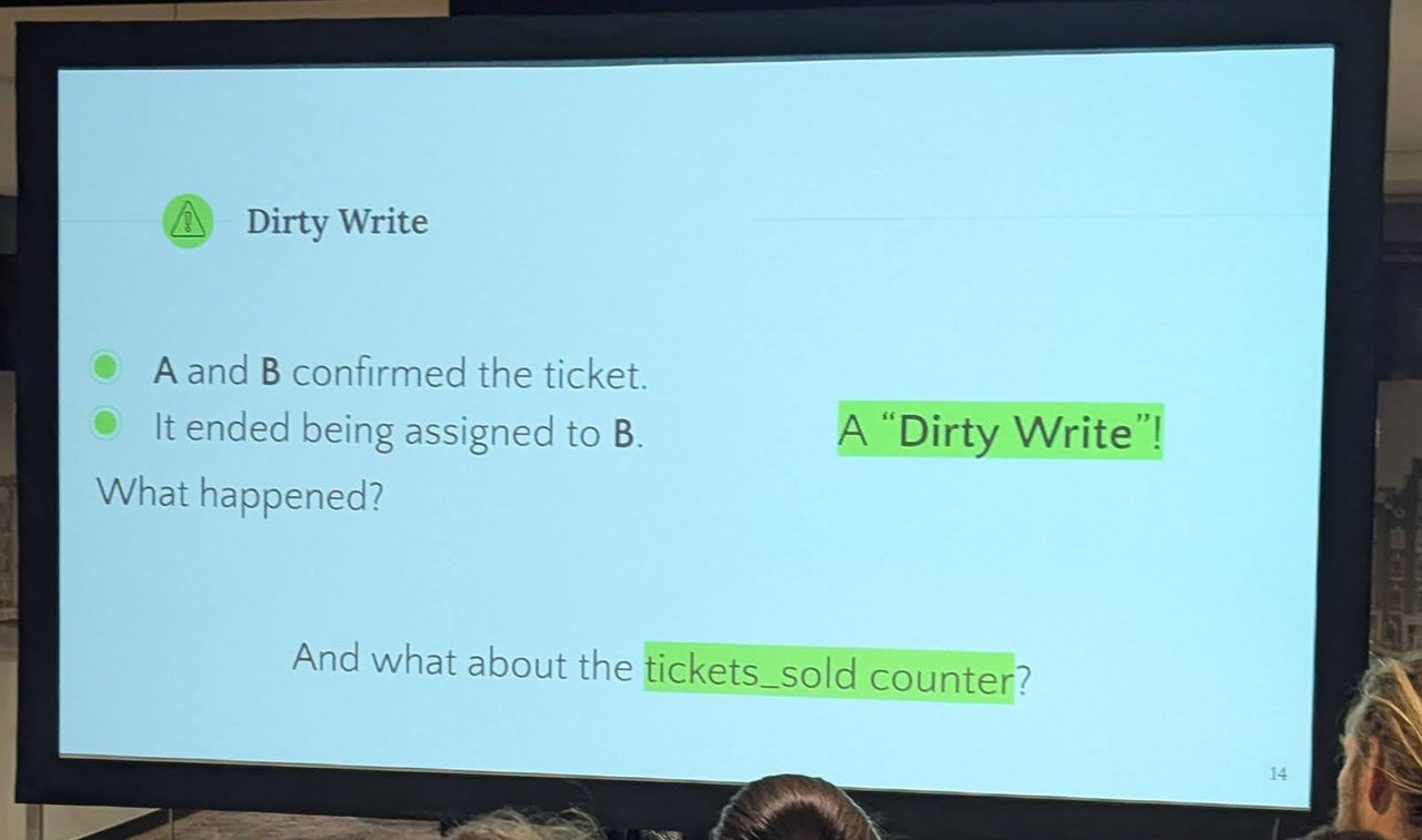 The Dirty Write slide: A and B confirmed the ticket, it ended being assigned to B, what happened, a Dirty Write, and what about the tickets_sold counter