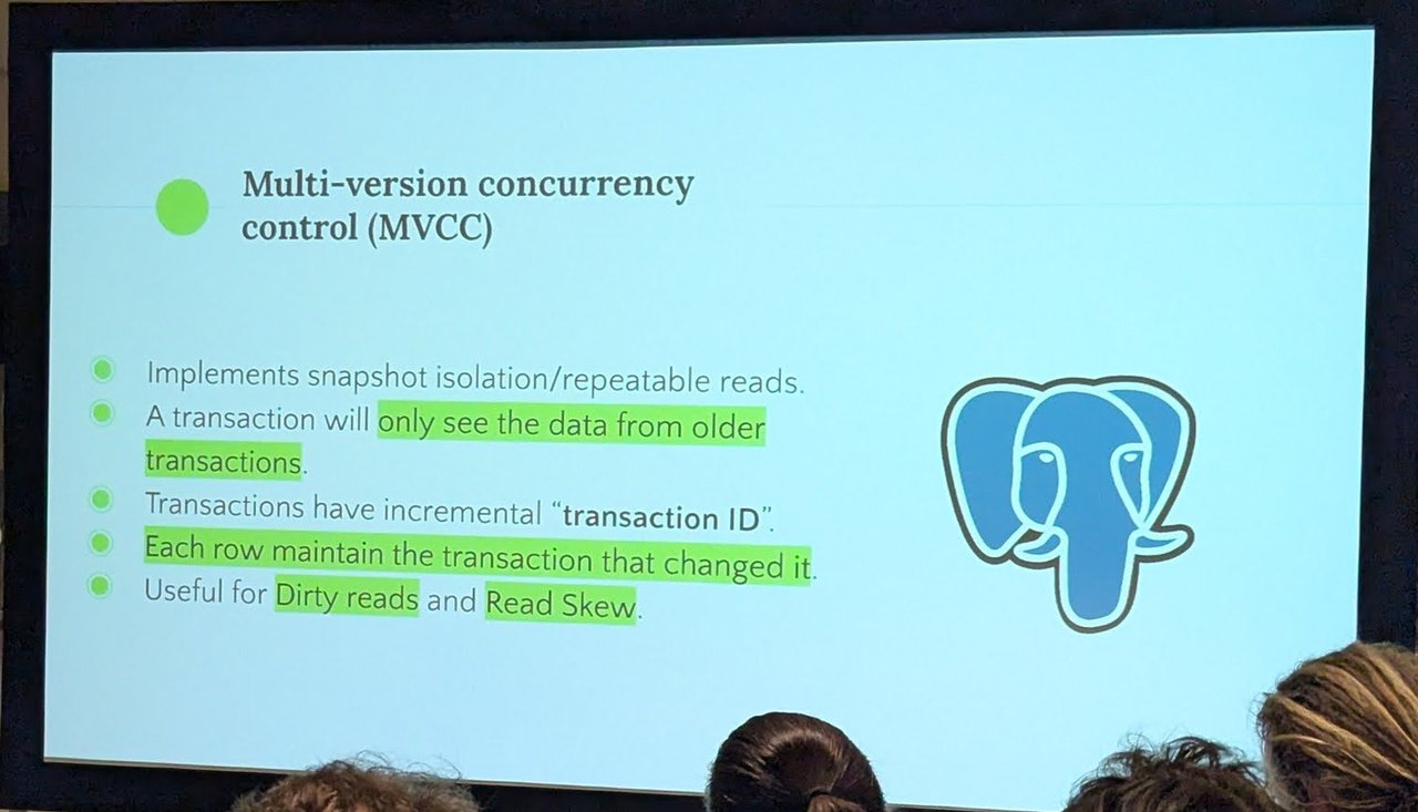 The Multi-version concurrency control slide with the PostgreSQL elephant: implements snapshot isolation or repeatable reads, a transaction only sees data from older transactions, incremental transaction IDs, useful for dirty reads and read skew