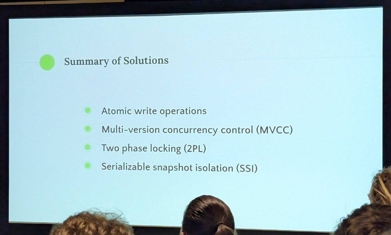 The Summary of Solutions slide: atomic write operations, multi-version concurrency control, two phase locking and serializable snapshot isolation
