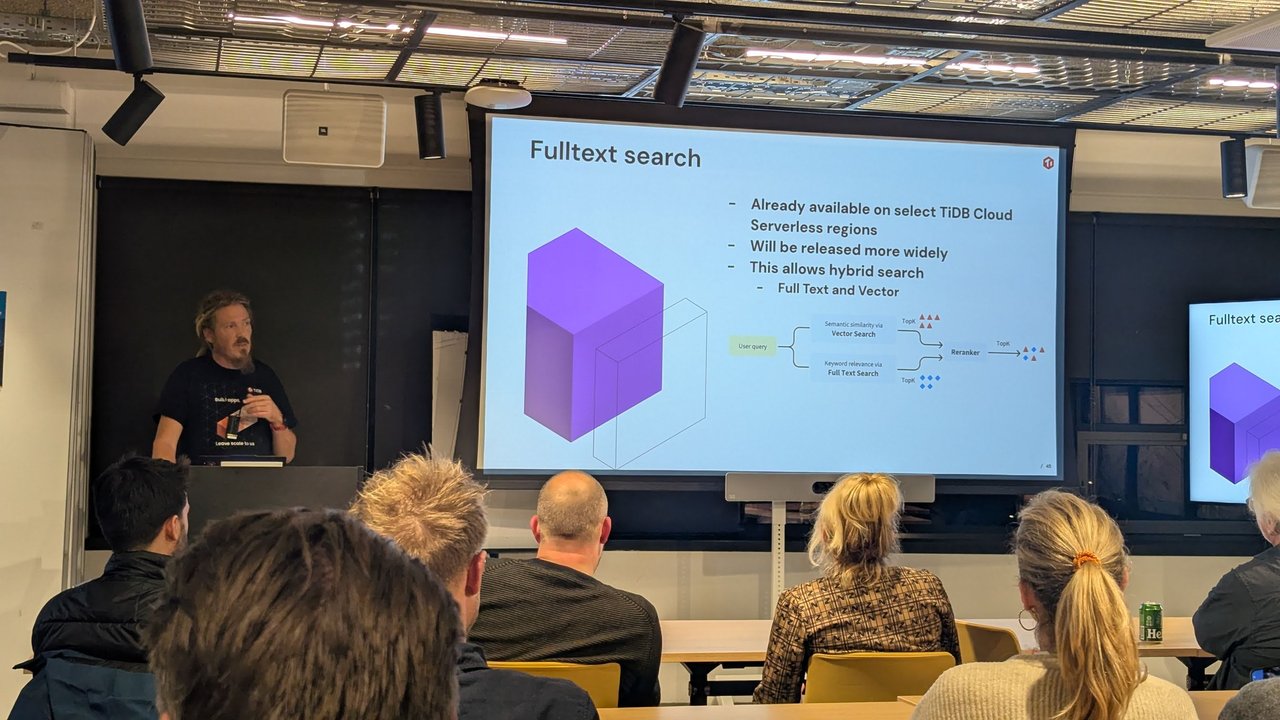 The Fulltext search slide: already available on select TiDB Cloud Serverless regions, will be released more widely, allows hybrid search, with a diagram of a user query going to vector search and full-text search, then a reranker