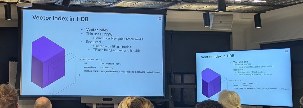 The Vector Index in TiDB slide: this uses HNSW, requires a cluster with TiFlash nodes and TiFlash active for the table, with a CREATE TABLE example declaring a VECTOR INDEX on VEC_COSINE_DISTANCE(embedding)