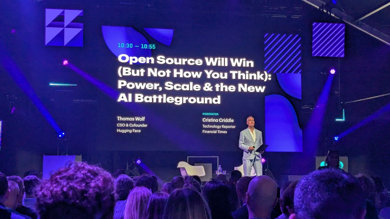 Stage slide for Open Source Will Win (But Not How You Think): Power, Scale and the New AI Battleground, 10:30 to 10:55, with Thomas Wolf of Hugging Face and moderator Cristina Criddle of the Financial Times