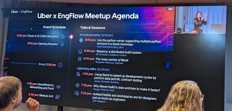 The Uber x EngFlow Meetup Agenda slide at the Build Meetup Amsterdam: event schedule on the left, scheduled talks and lightning talks on the right