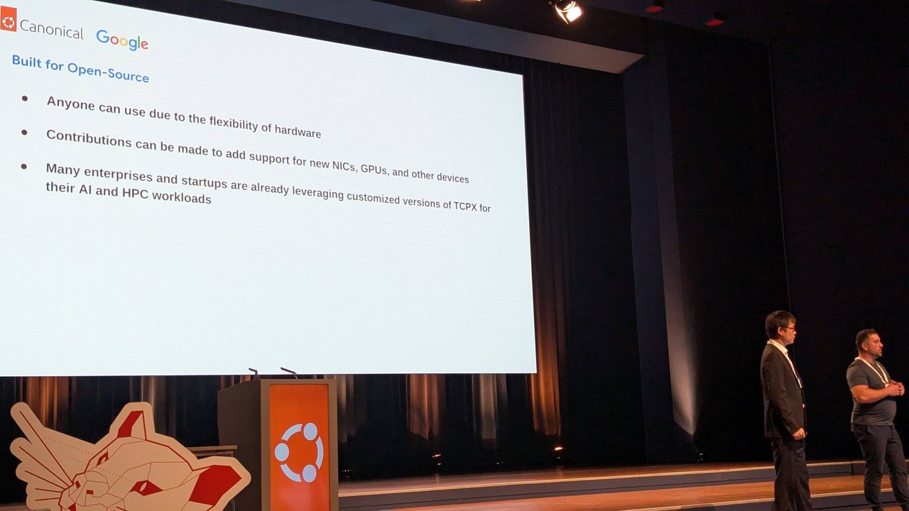 Built for Open-Source slide from the Google and Canonical TCPX talk, with Hugo Huang and Hassan Tasneem on stage to the right