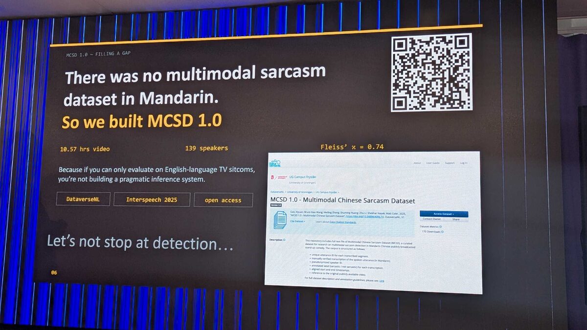 MCSD 1.0 — "There was no multimodal sarcasm dataset in Mandarin. So we built one." 10.57 hours of video, 139 speakers, open access on DataverseNL