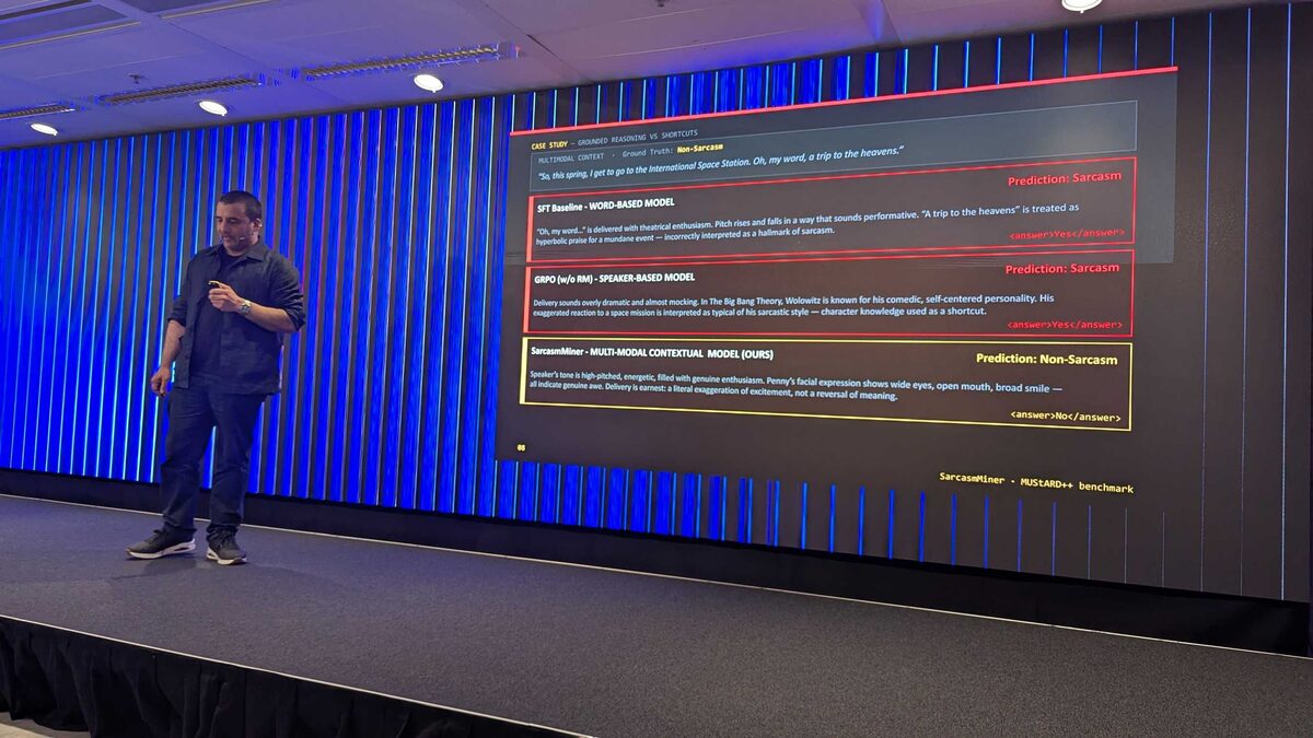 Slide: "Detection is not enough. The system needs to explain what it understood." — SarcasmMiner, Grounded Audio-Visual Reasoning
