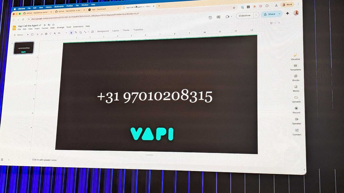 Vapi assistant dashboard — GPT-4.1 Mini model, Deepgram nova-3 transcriber, Elliot voice, ~$0.09/min cost, ~1,220ms latency