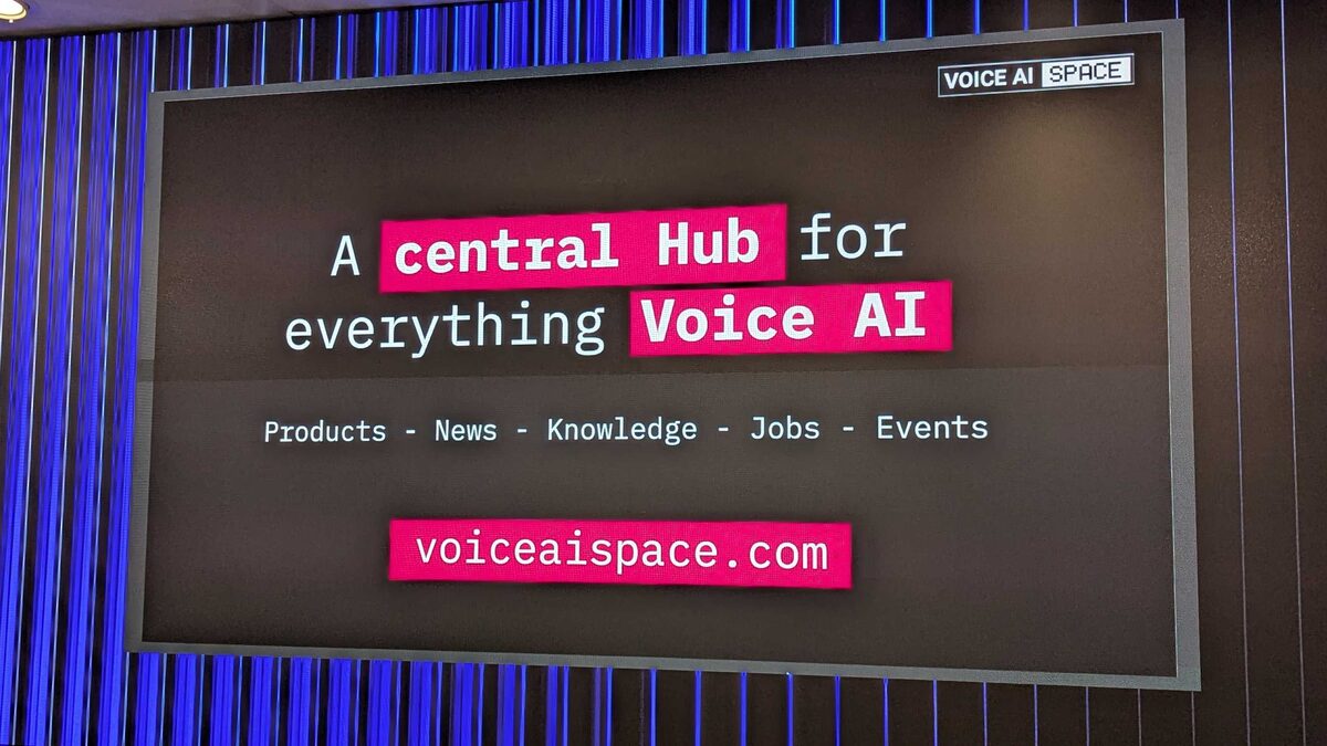 Close-up of the Voice AI Space branding — Products, News, Knowledge, Jobs, Events at voiceaispace.com