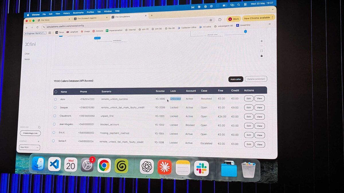 Fini Simulations dashboard — YEGO Callers Database showing 6 test scenarios: remote_unlock_success, remote_unlock_fail_mark_faulty_credit, unpaid_fine, blocked_account, missing_payment_method
