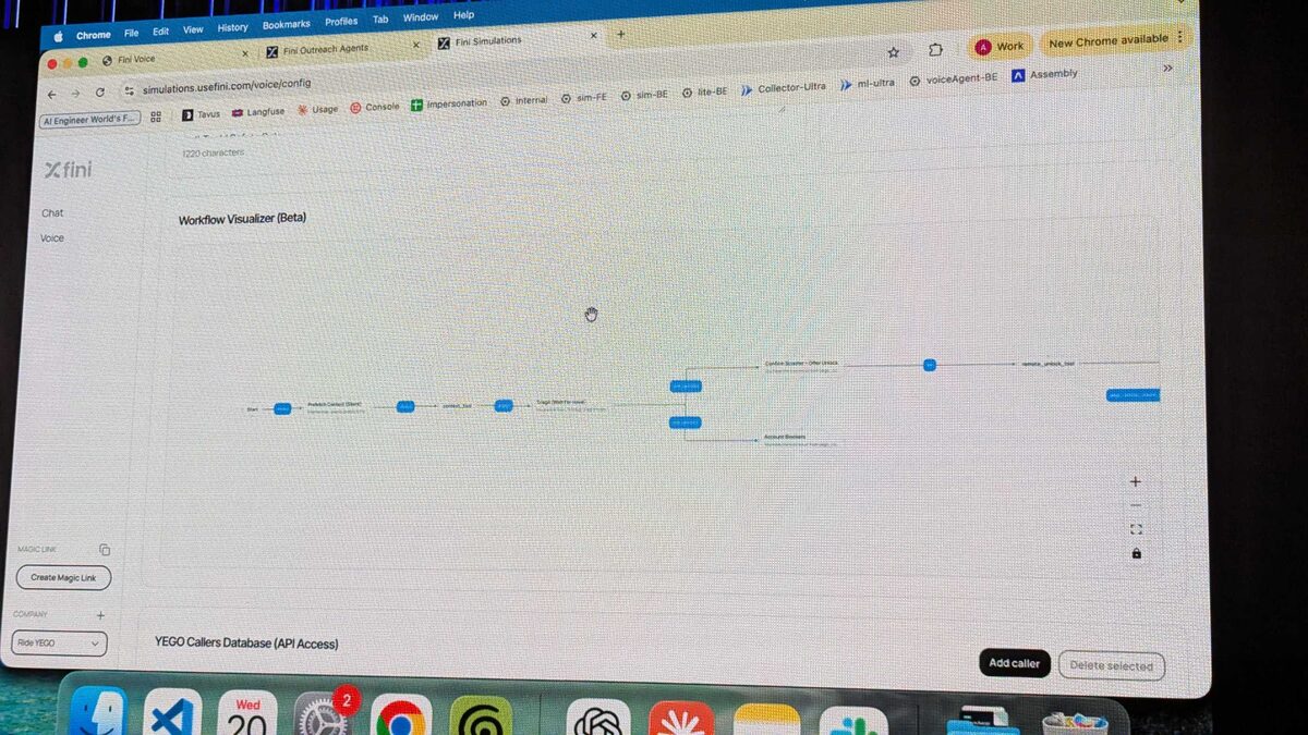 Fini Workflow Visualizer (Beta) — visual pipeline showing Start → Prelatch Contact Silent → context_tool → Target State for voice → branching to Account Blockers and Custom Router → remote_unlock_tool