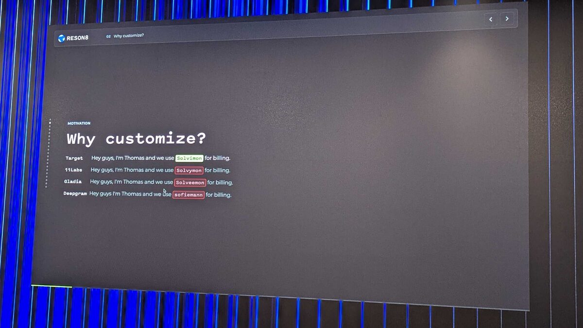 Thomas Kluiters presenting "Why customize?" — showing how different ASR providers mangle the company name "Solvimon"