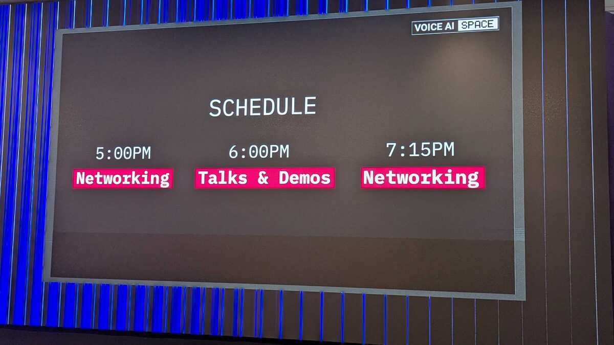 Presenter showing Voice AI Space events across the globe — 11 cities highlighted with Amsterdam as newest
