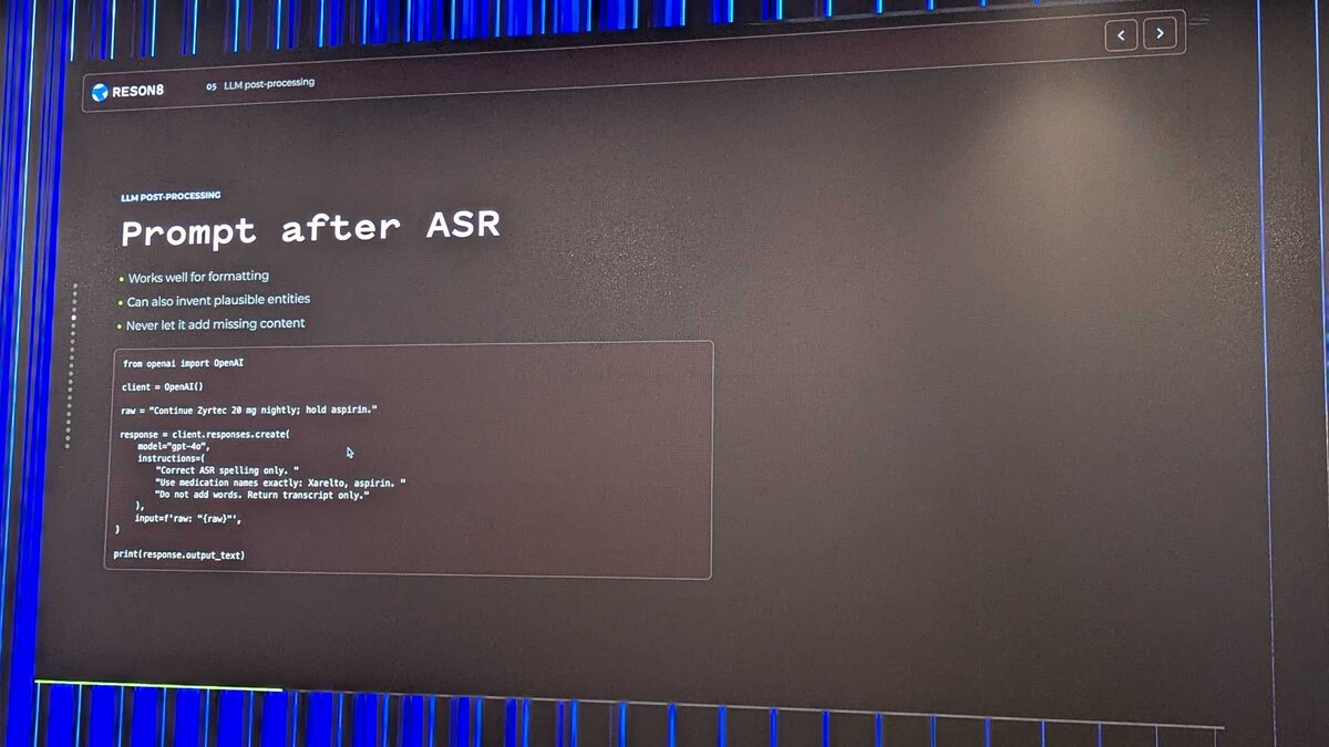 Reson8 "Prompt after ASR" — Python code using OpenAI API with GPT-4o for medical ASR spelling correction