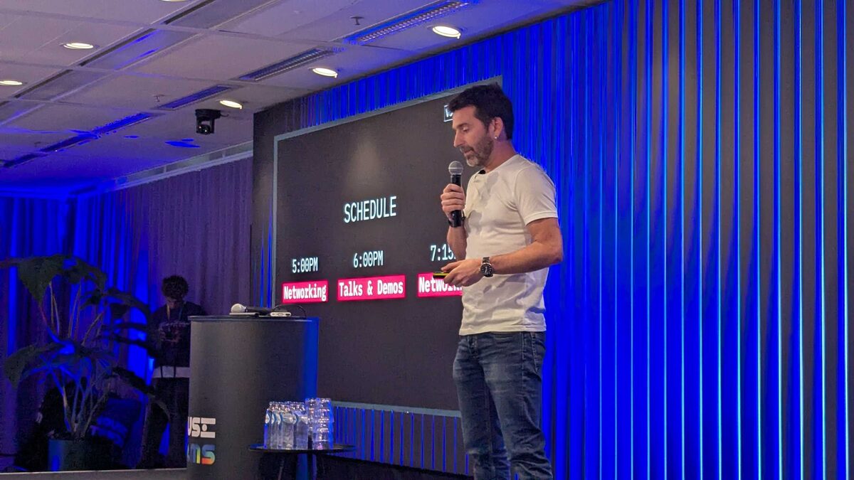Schedule slide — 5:00 PM Networking, 6:00 PM Talks and Demos, 7:15 PM Networking