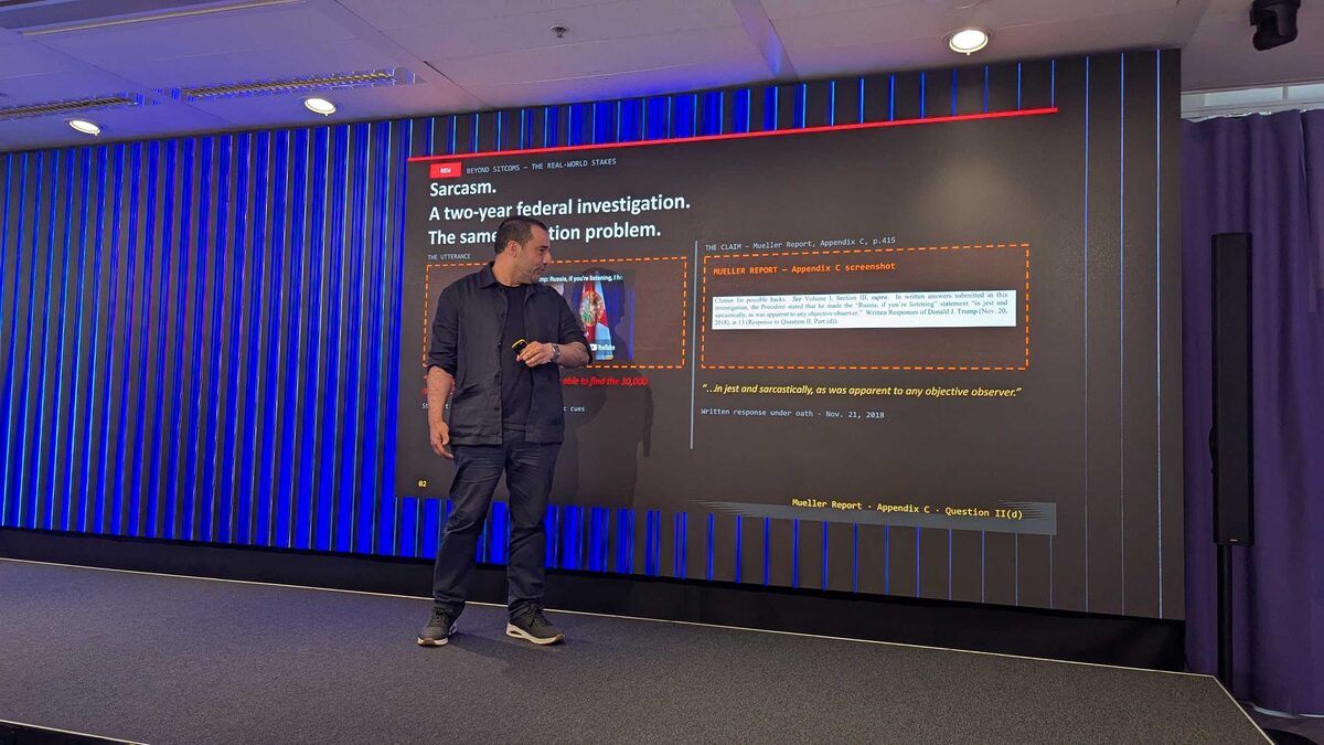 Matt Coler presenting the Mueller Report sarcasm case — "A two-year federal investigation. The same detection problem."