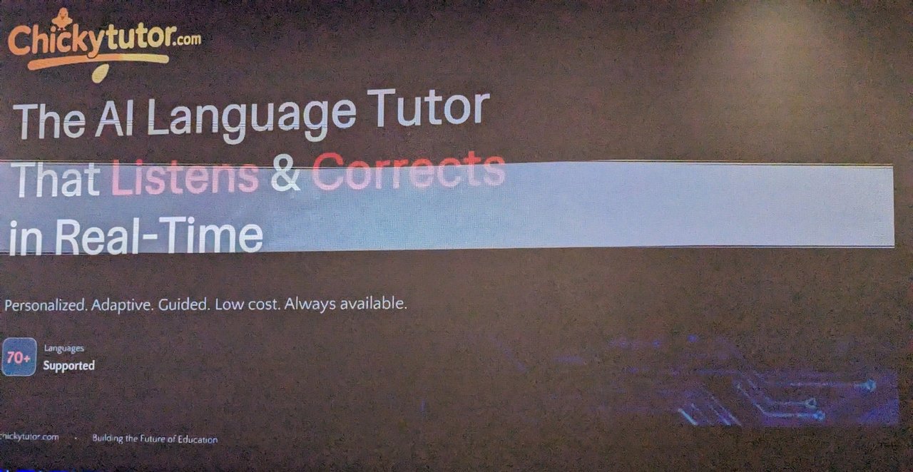 ChickyTutor slide: "The AI Language Tutor That Listens & Corrects in Real-Time", 70+ languages supported