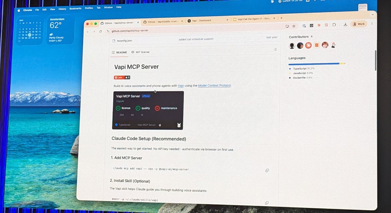 Vapi MCP Server README on GitHub shown on the stage screen, with the Claude Code setup section and the command to add the MCP server