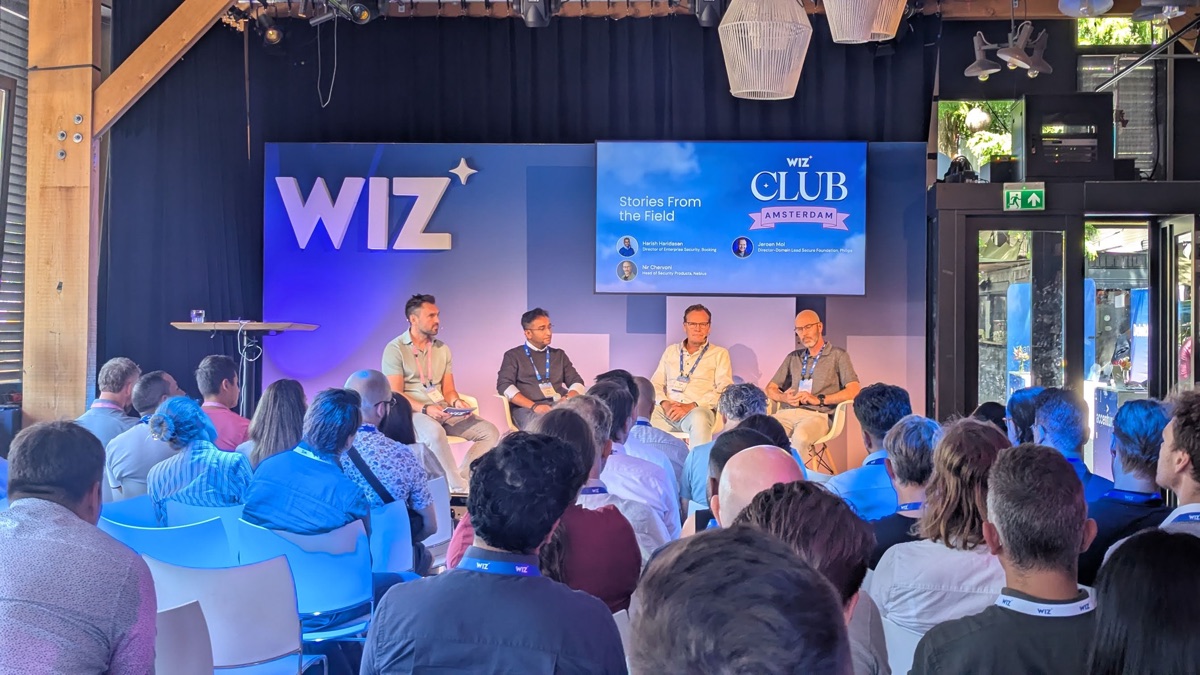 Wiz Club Amsterdam 2026 Stories From the Field panel with security leaders from Booking, Nebius, and Philips