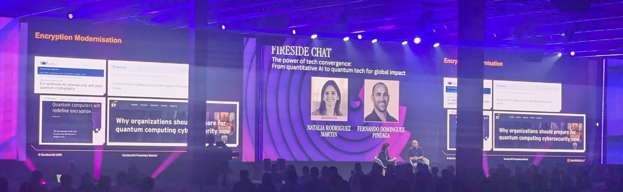 Fireside chat on the World Summit AI main stage: The power of tech convergence, from quantitative AI to quantum tech, with Encryption Modernisation slides beside it