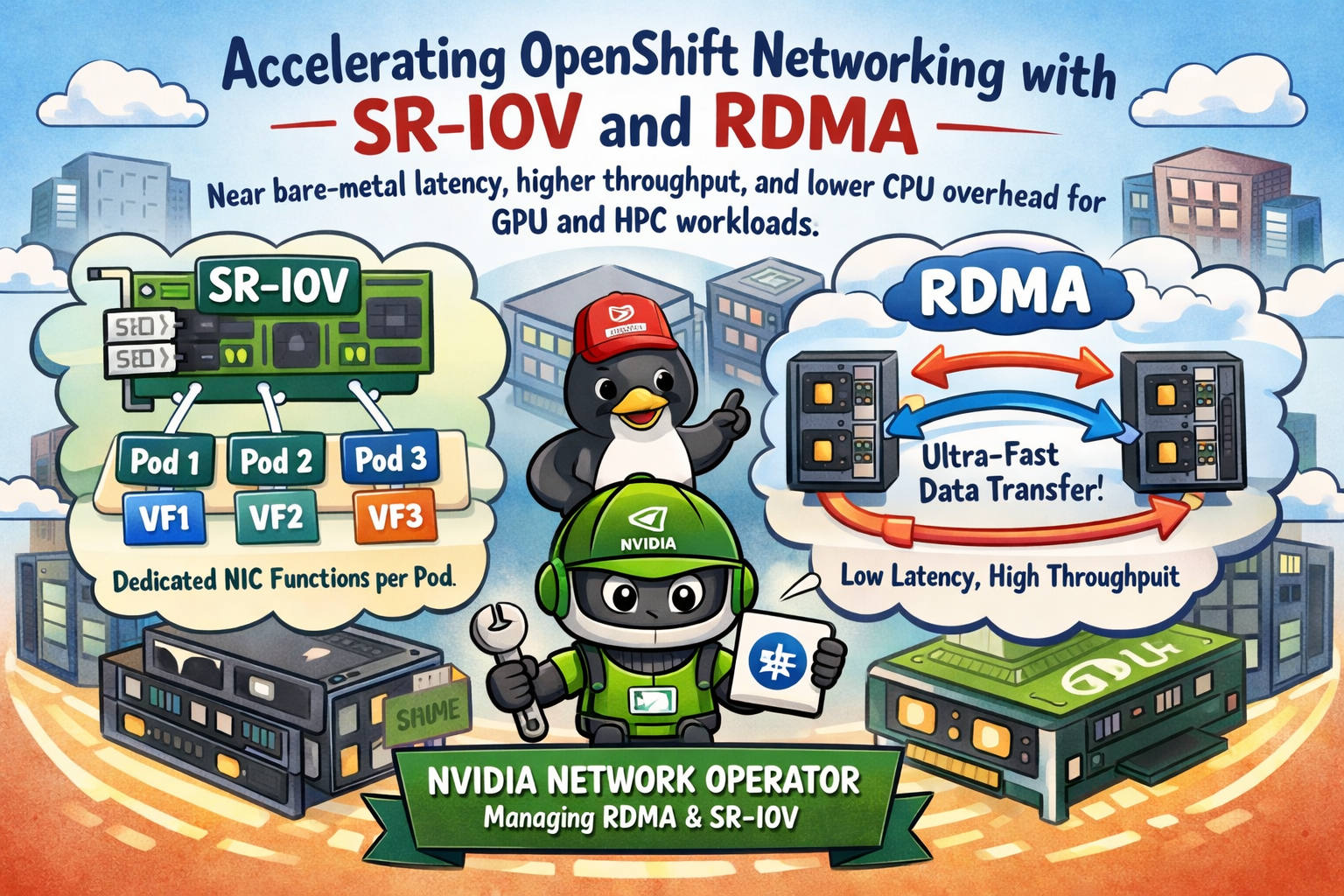 Cartoon cover illustrating SR-IOV VFs per pod and RDMA fast data transfer managed by NVIDIA Network Operator