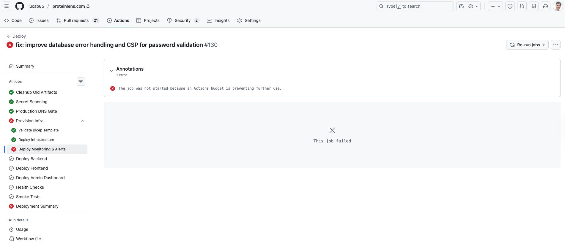 GitHub Actions run page showing the error: “The job was not started because an Actions budget is preventing further use.”