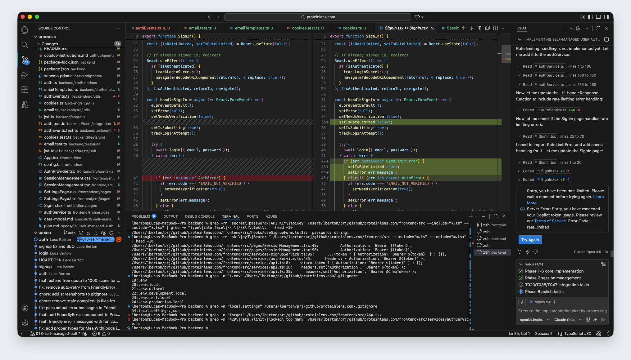 A VS Code workspace showing auth code changes while an AI coding assistant returns a rate_limited error during implementation