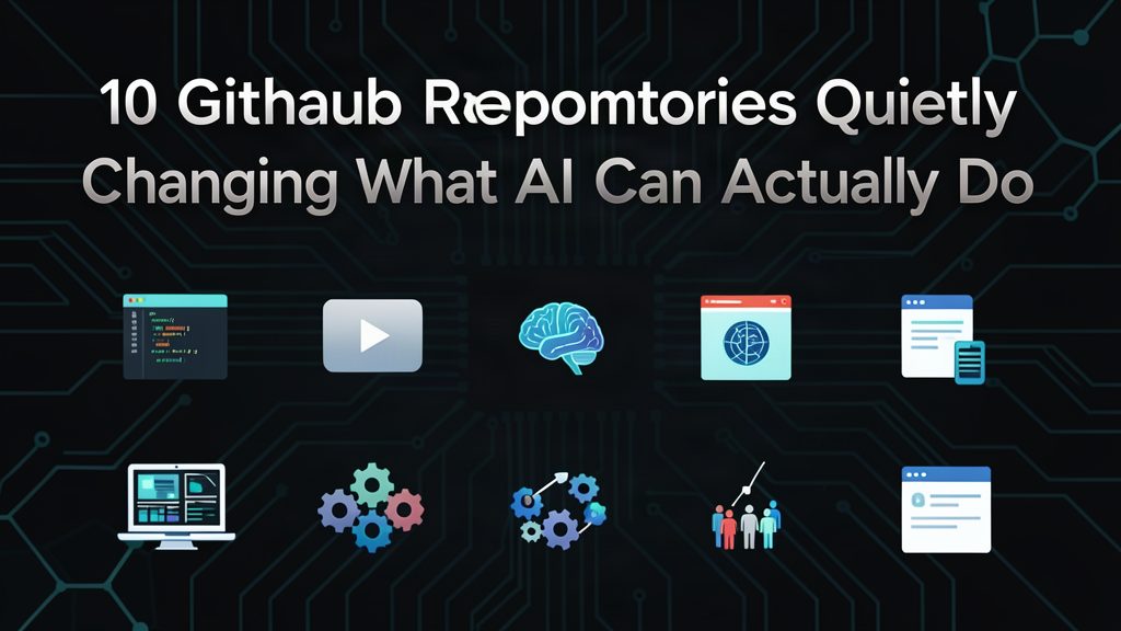 10 GitHub repositories quietly changing what AI can do — code editor, terminal, browser, desktop agent, orchestration icons on dark circuit board background