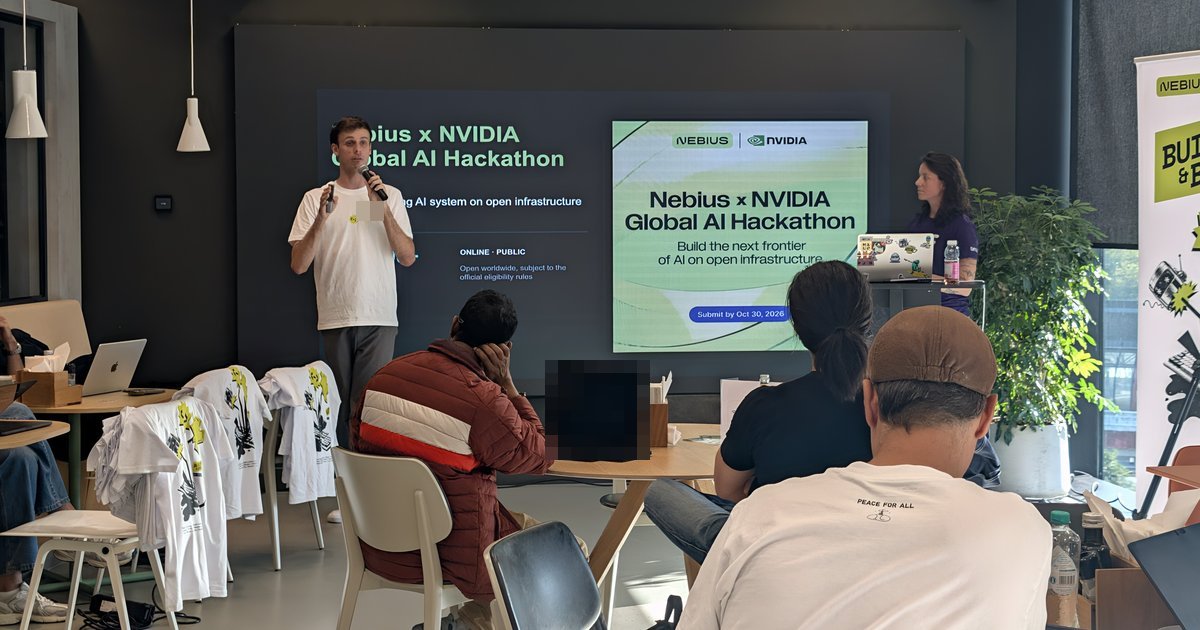 Host presenting the Nebius x NVIDIA Global AI Hackathon slide, Submit by Oct 30 2026, at Builders & Brews in Amsterdam