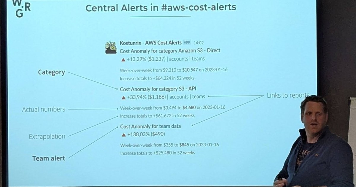 Slide 'Central Alerts in #aws-cost-alerts' from the Wehkamp talk at Xebia's Cloud Optimization 2025 meetup in Amsterdam
